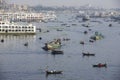 Residents of Dhaka cross Buriganga river by boats in Dhaka, Bangladesh. Royalty Free Stock Photo